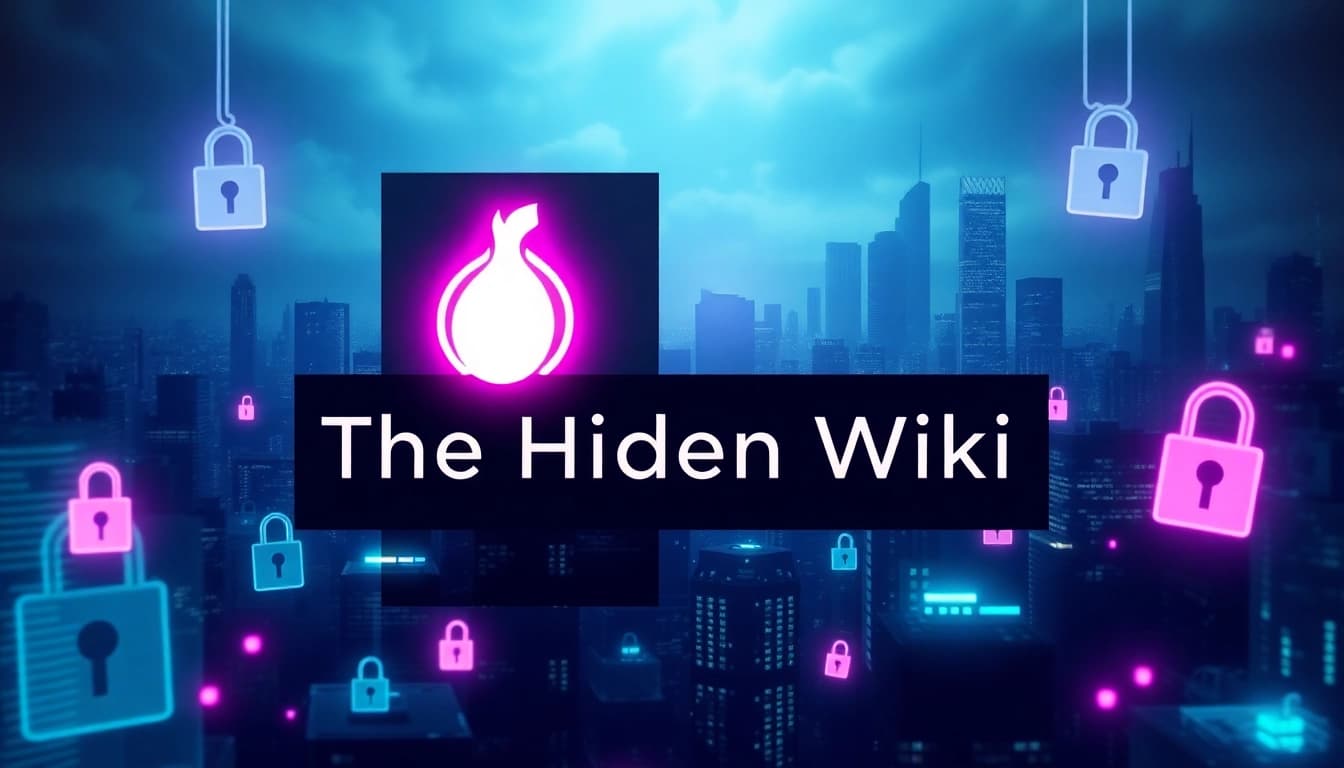 The hidden wiki url represented in a mysterious digital collage illustrating dark web security, with .onion logos and cityscape elements.
