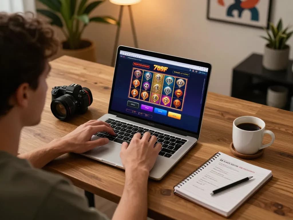 Player engaging in 789f đăng nhập on laptop for online casino gaming, demonstrating an organized and strategic approach.