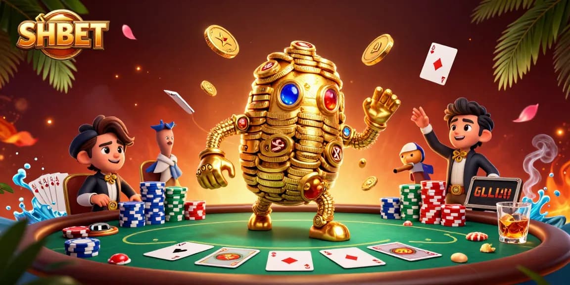 Engage in thrilling betting at SHBET with a vibrant 3D casino illustration showcasing dynamic poker elements.