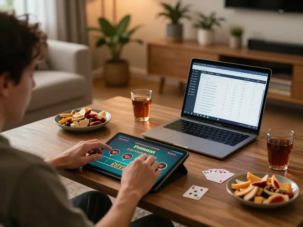 Engaged player using kk win.com app on a tablet while managing bankroll strategies at home