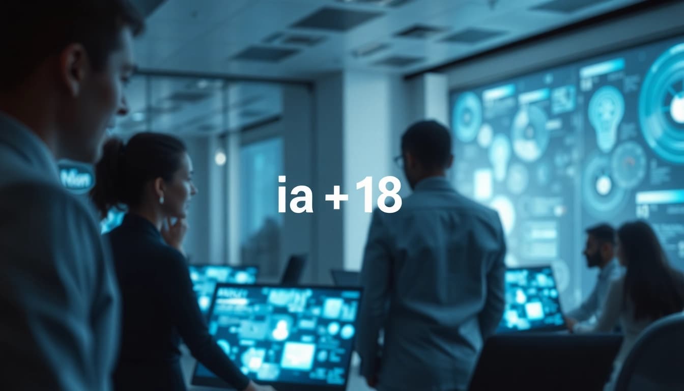 Technological workspace showcasing innovation with "ia +18" branding on digital displays.