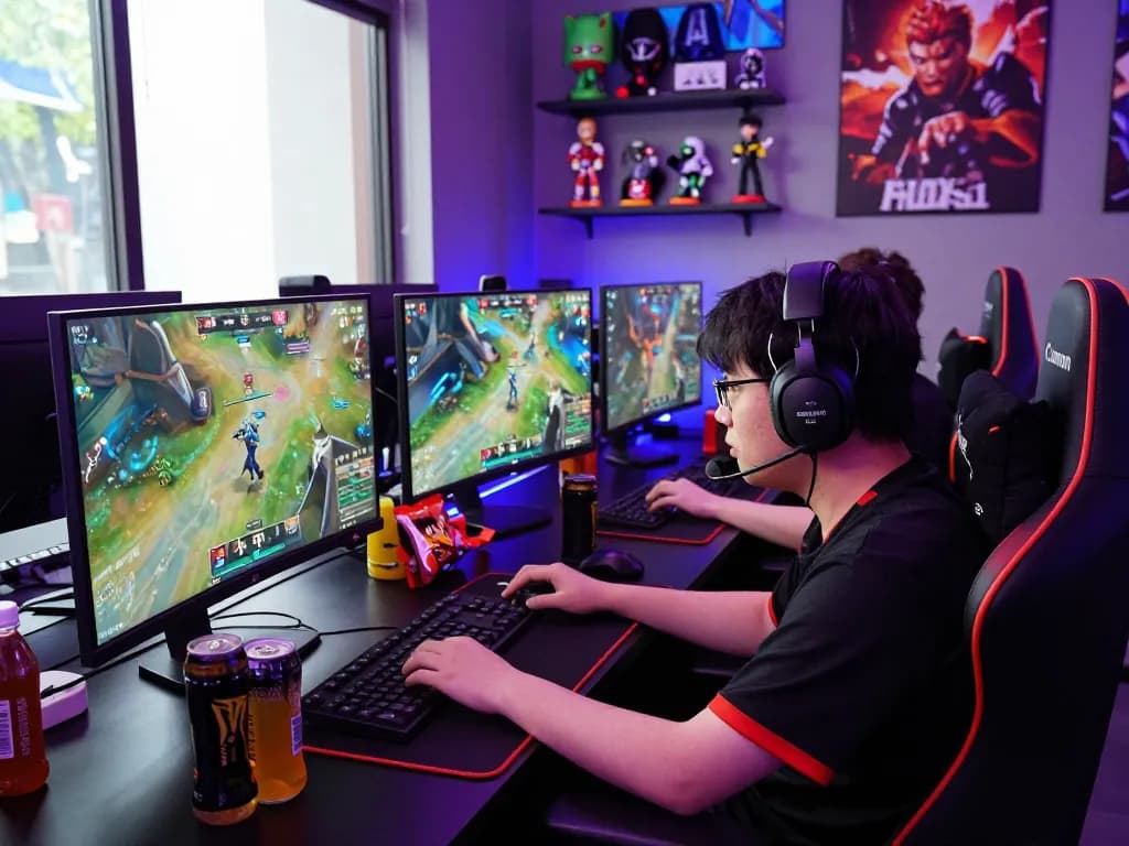 Gamer striving for sunwin top 1 in a vibrant esports streaming setup.