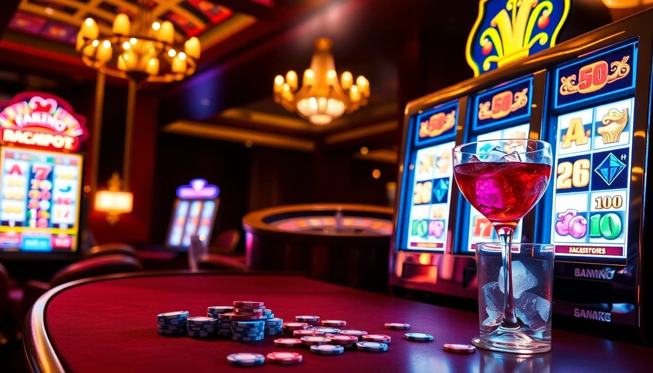 Engaging scene of a luxurious slot gacor machine surrounded by casino elements, enhancing player excitement.