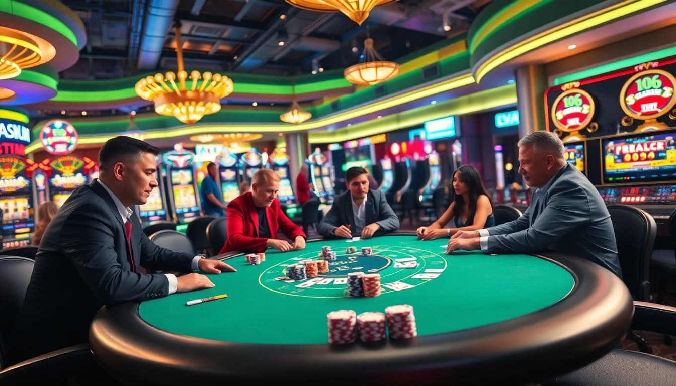 Permainan idnpoker yang seru di meja kasino dengan pemain bersemangat dan tumpukan chip berwarna.