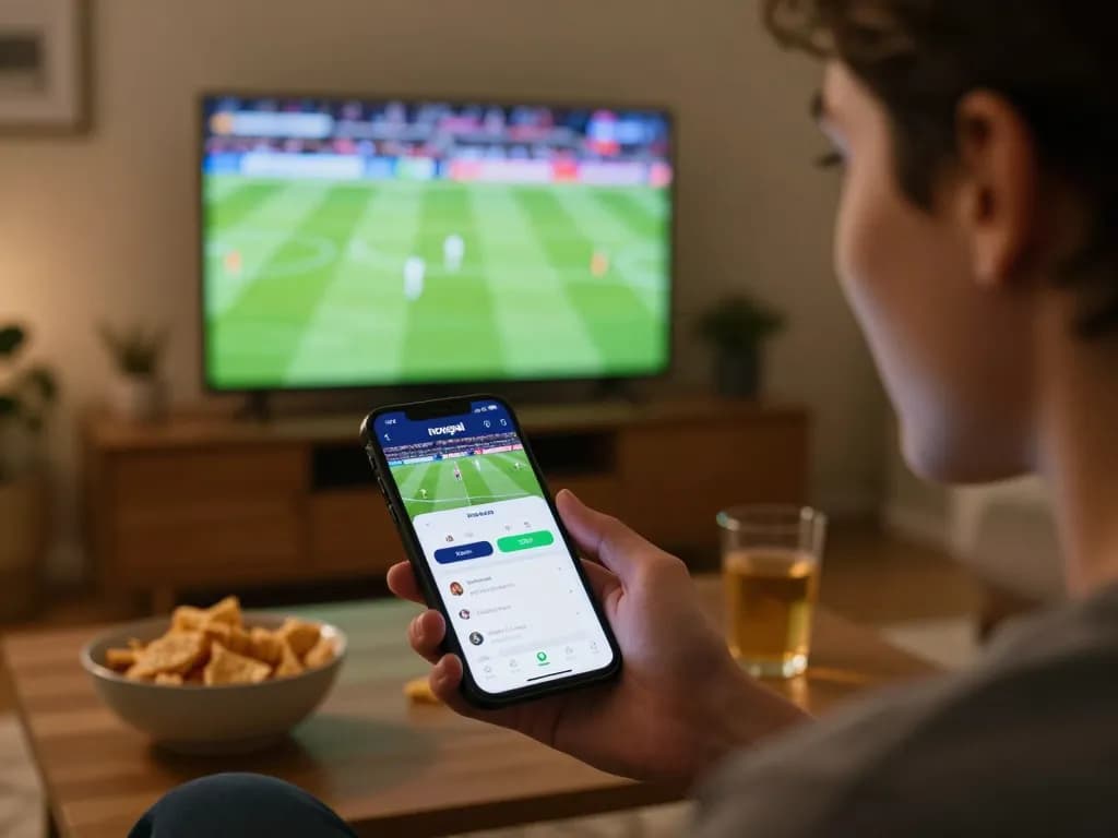 Person using Nowgoal for sports betting while watching a live game on TV