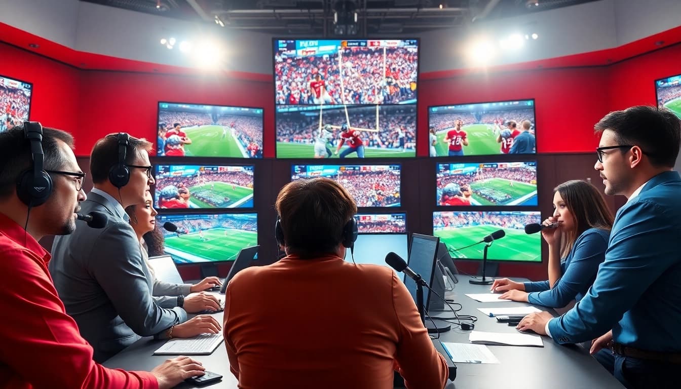Dynamic scene of sports broadcasting with analysts reviewing live games, showcasing excitement in sports broadcasting.