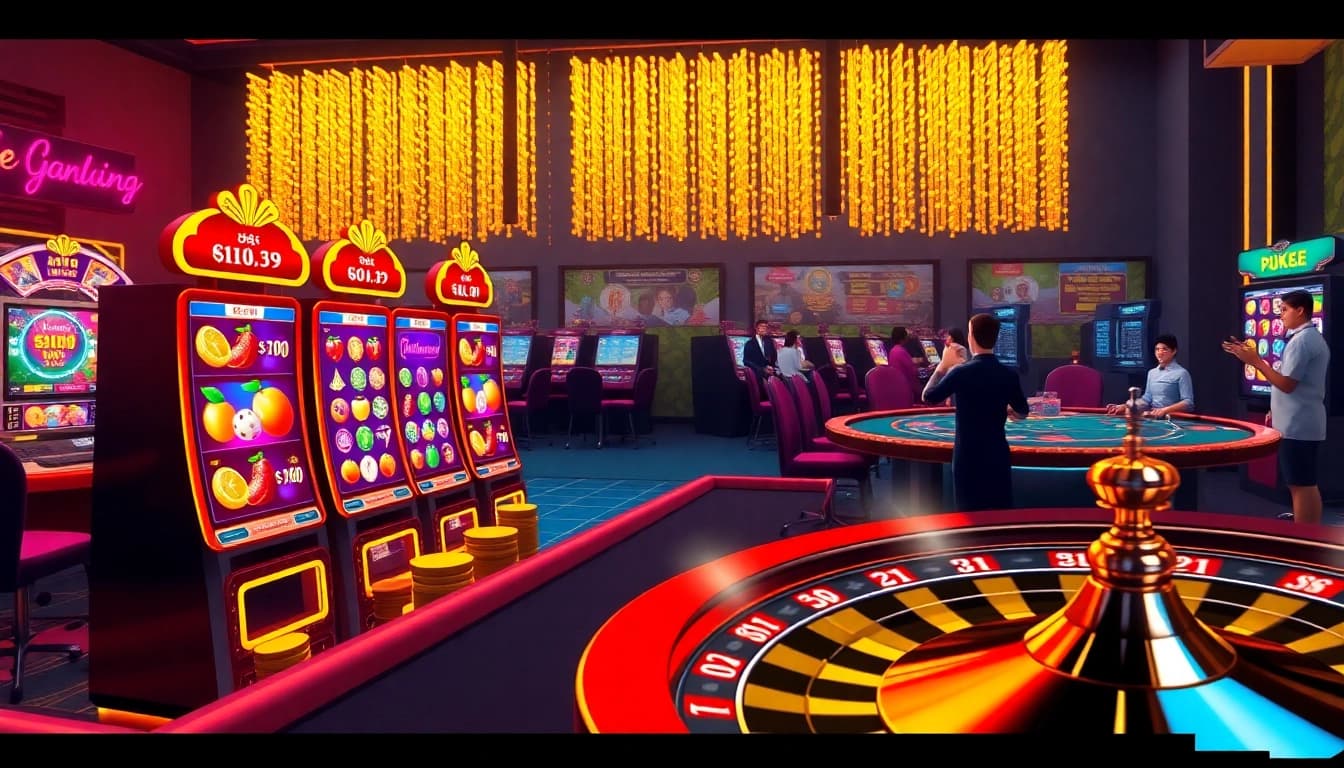 Experience the thrill of Nổ Hũ Đổi Thưởng with vibrant slot machines and engaging poker tables in a dynamic online casino atmosphere.