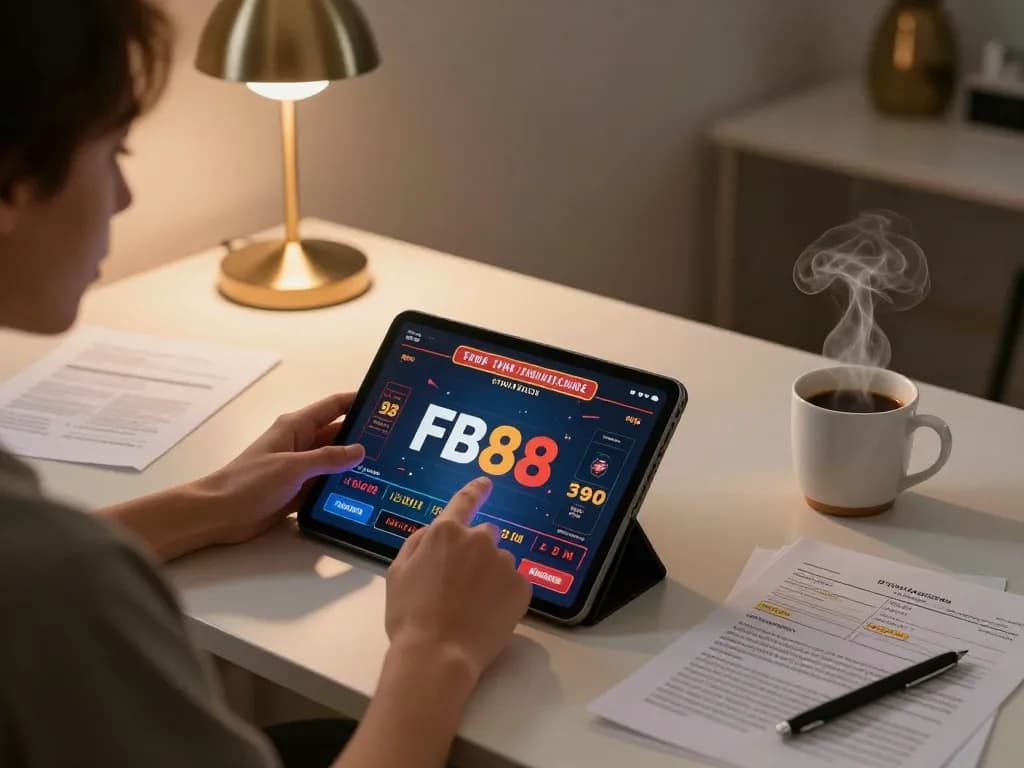 Engaging player enjoying FB88 with a tablet at a stylish home office, showcasing responsible gaming.