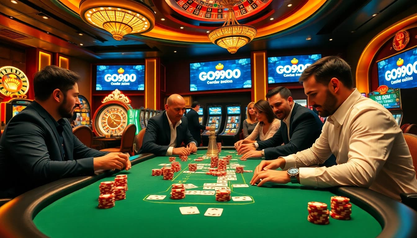 Experience the thrill of gambling at https://go999.de.com with a vibrant poker table and bright casino atmosphere.