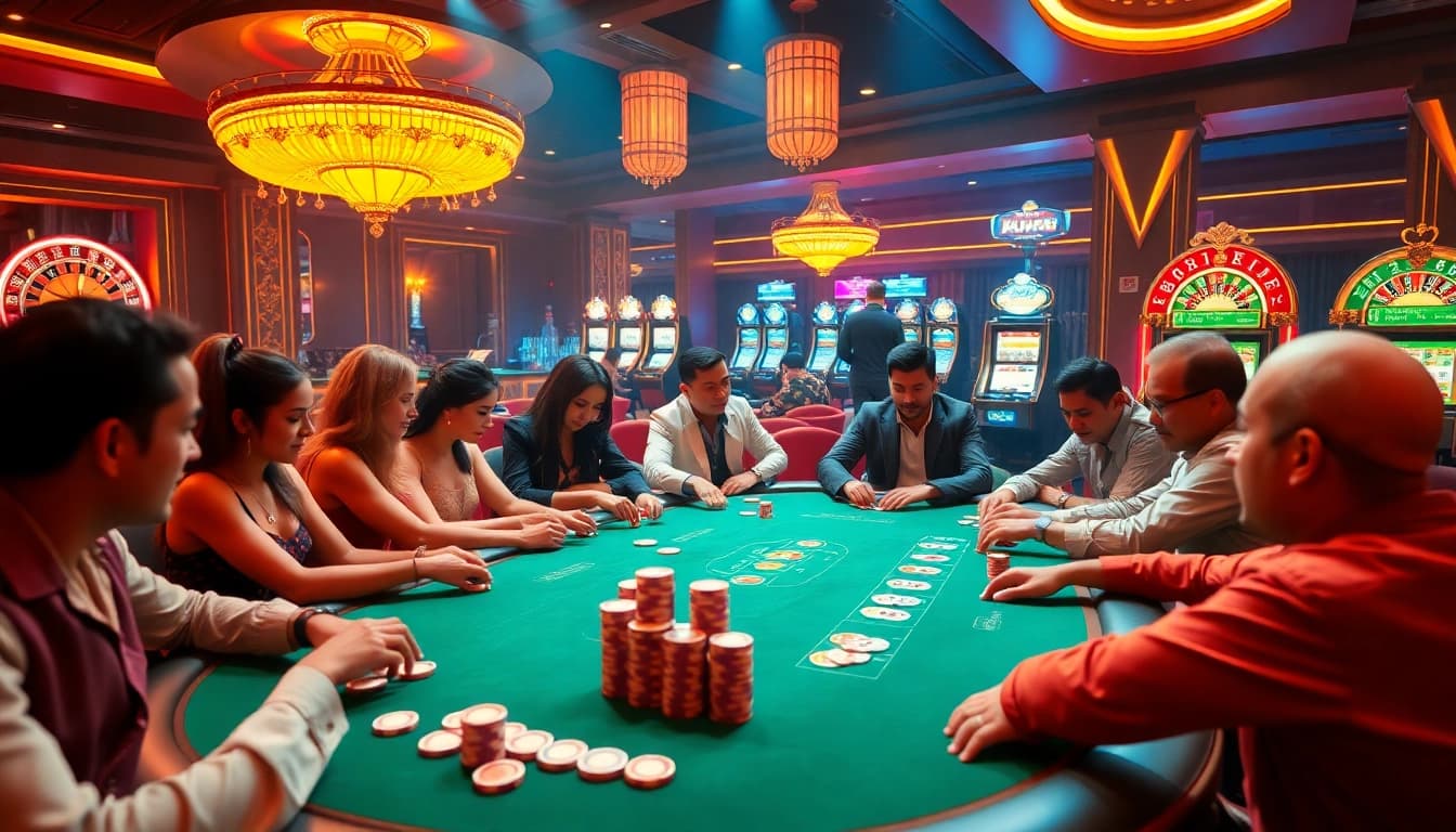 Experience the thrill of gambling at nhà cái rikbet with an engaging poker game, colorful chips, and luxury atmosphere.