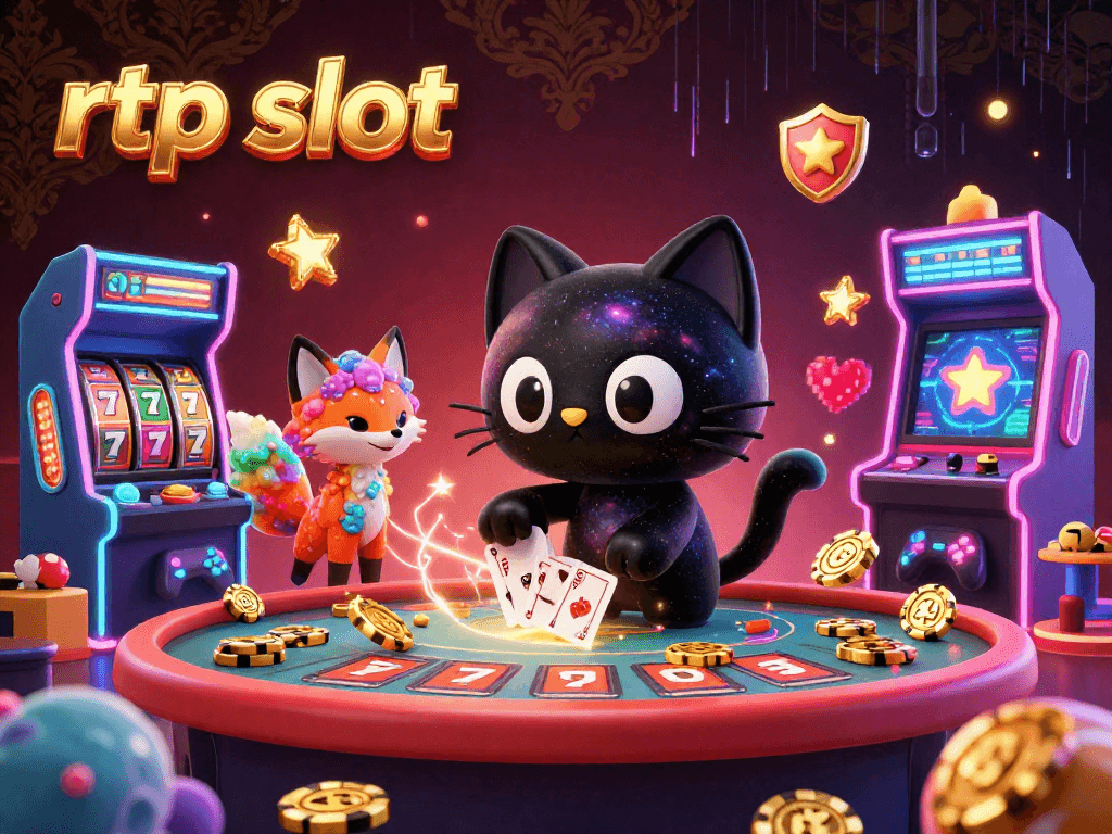 Spin the slots with rtp slot as a cosmic cat and colorful fox in a 3D casino.