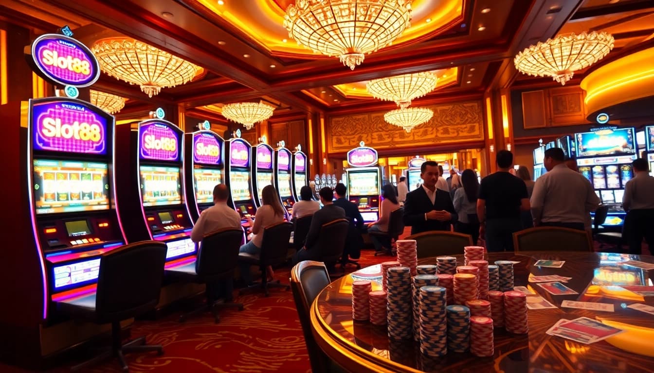 Exciting players engaging with slot machines showcasing the popular slot88 brand in a luxurious casino setting.