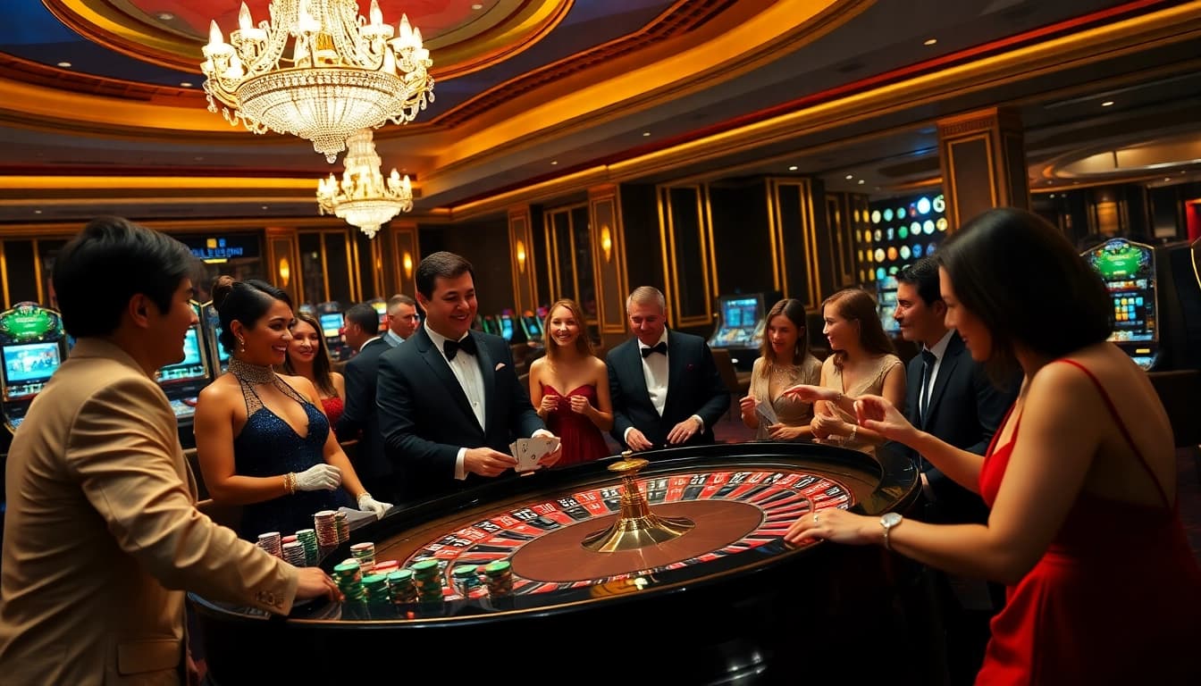 Excited players gamble at 78WIN casino, showcasing roulette and poker action.