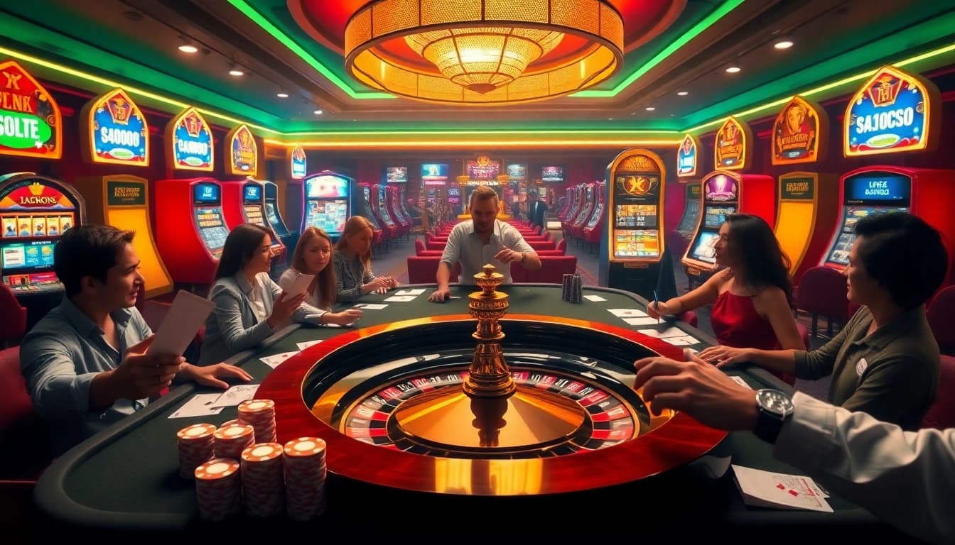 Kkwin players celebrating a win at a glamorous casino table filled with poker chips and cards.