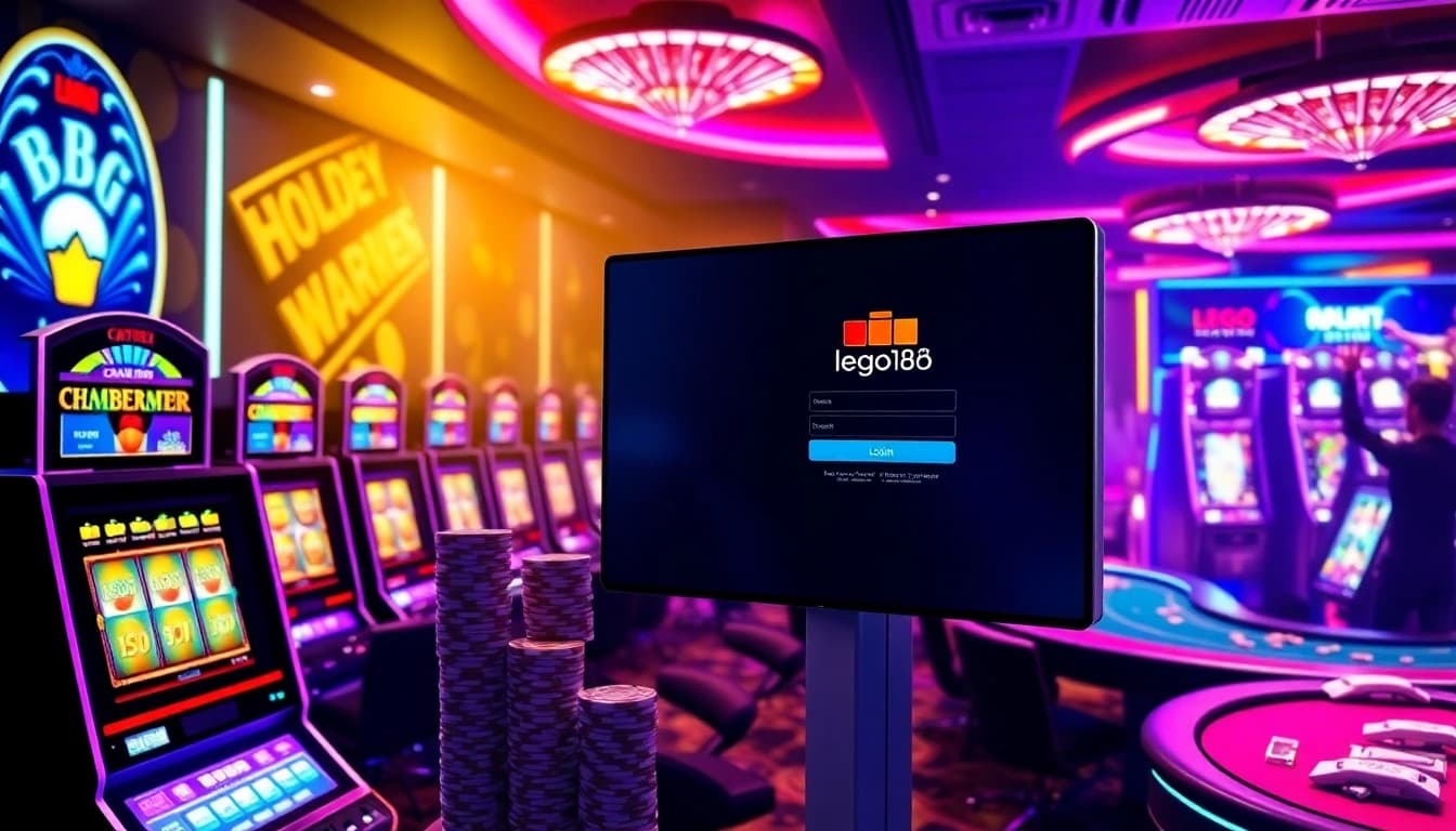 Engaging scene of online gamblers at the lego138 login interface, showcasing excitement and luxury.