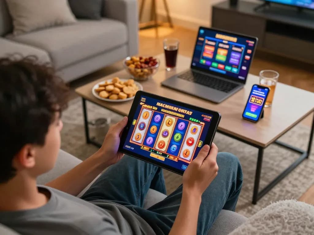 Engaging mobile gaming experience with slot gacor on tablet in a cozy living room setting.