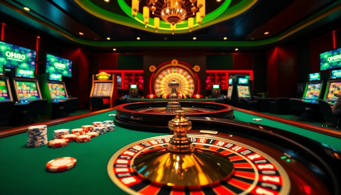 Exciting casino scene showcasing qh88 online gaming with poker chips and roulette wheel.