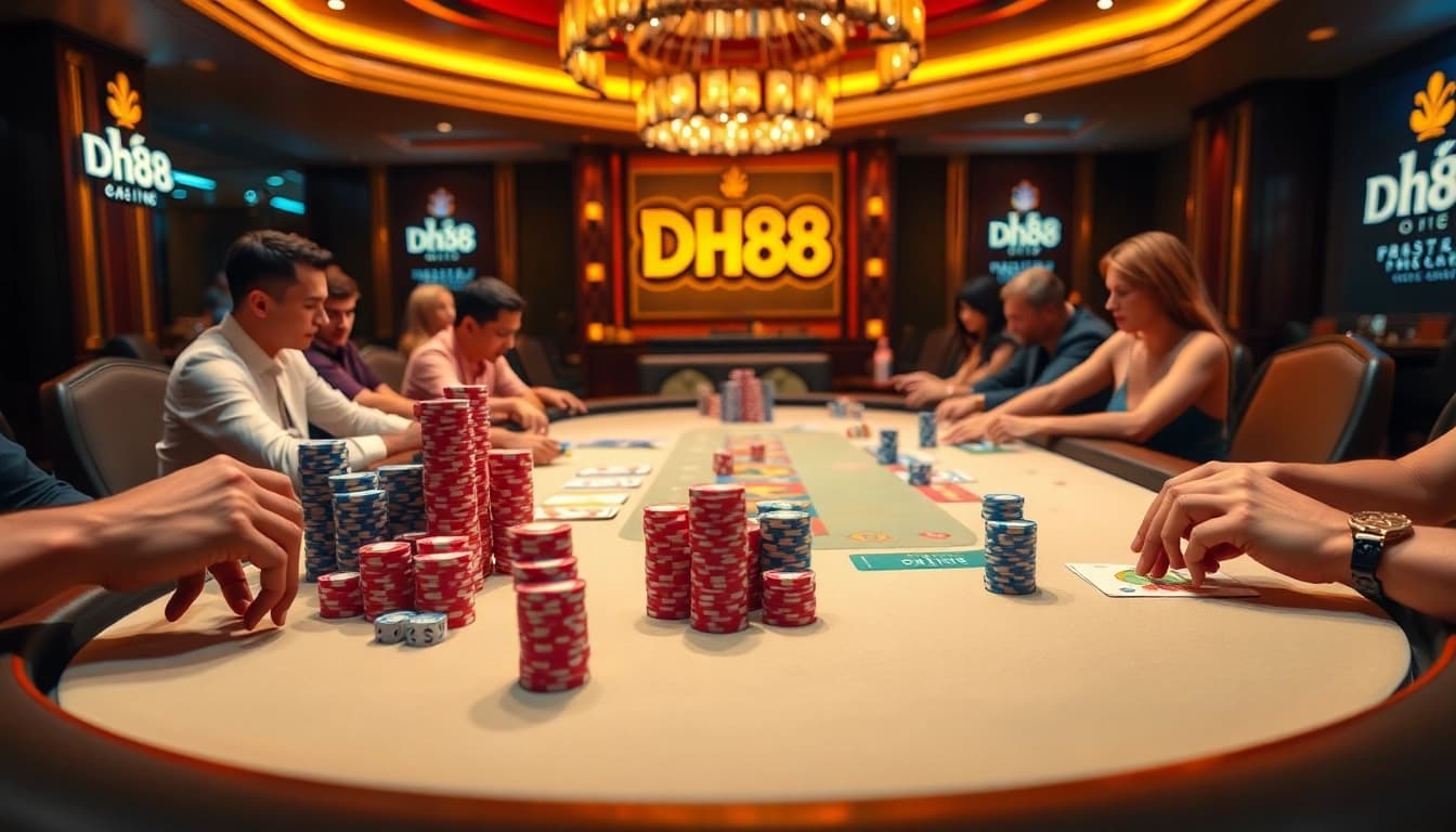 Players strategizing at a vibrant DH88 poker table in a luxurious casino setting.