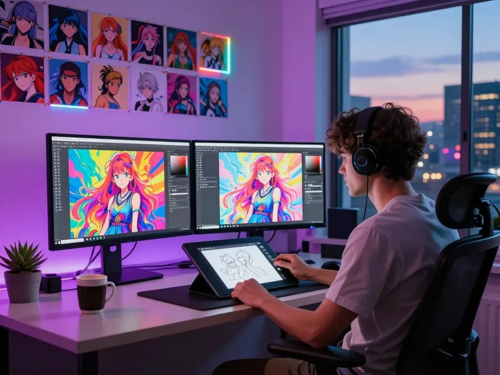 AI NSFW digital artist creating custom artwork in a vibrant studio