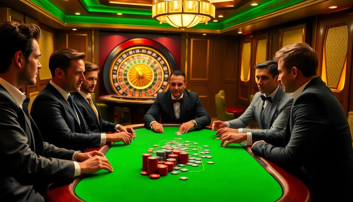SODO 66 players strategizing at a luxurious poker table in a vibrant casino.
