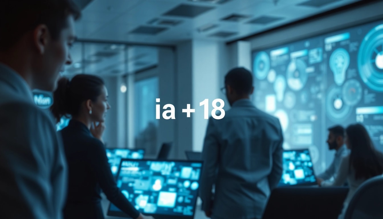 Technological workspace showcasing innovation with "ia +18" branding on digital displays.