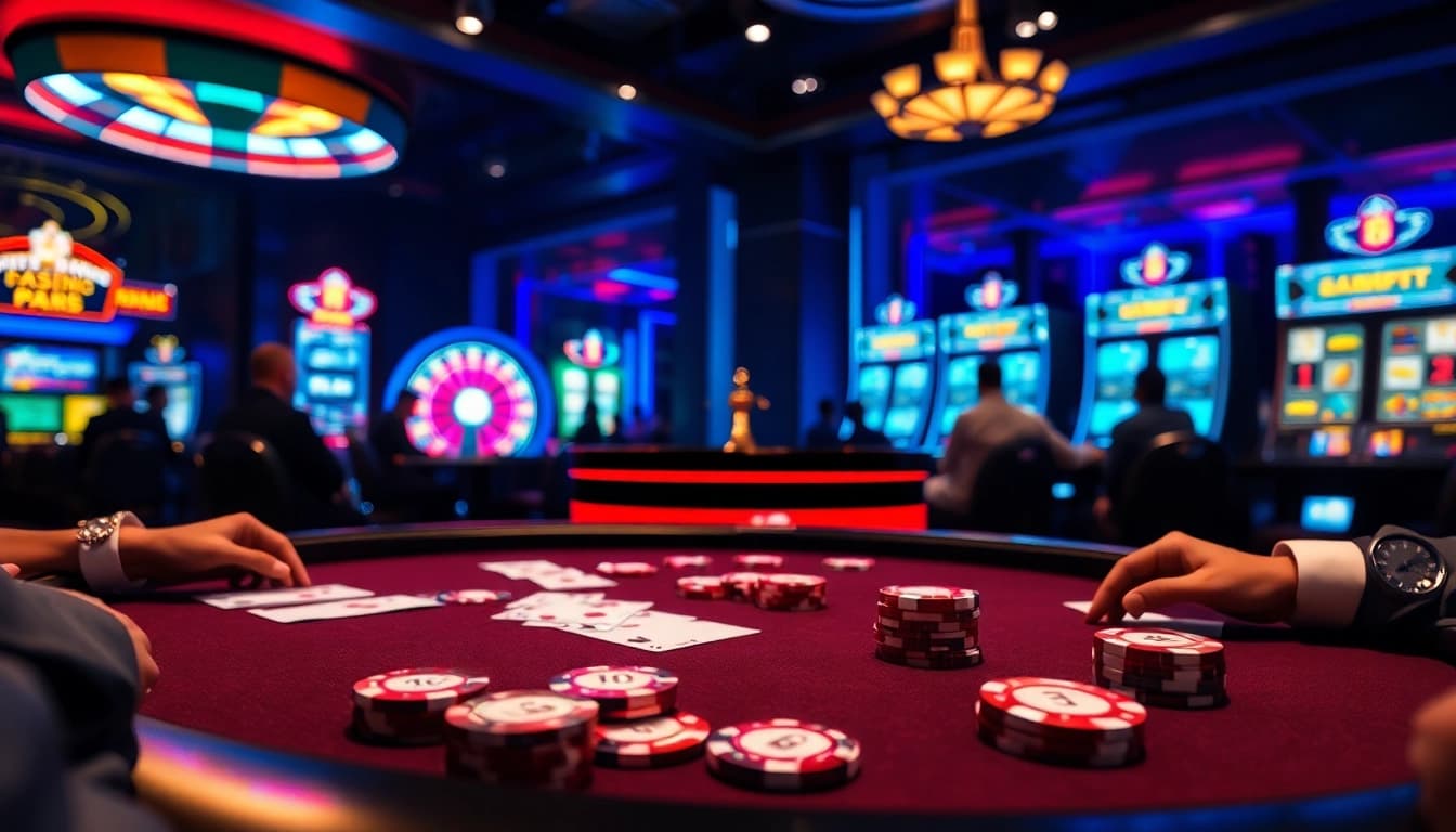 Engaging poker players at a 789P themed casino table, surrounded by vibrant gaming elements.
