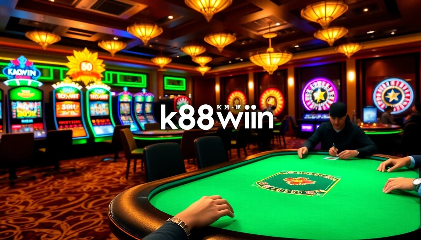 Experience k88win excitement at a luxurious poker table with slot machines in view.