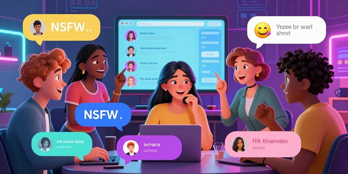 Engaging scene of diverse characters in an ai nsfw chat environment showcasing playful interaction and digital aesthetics.