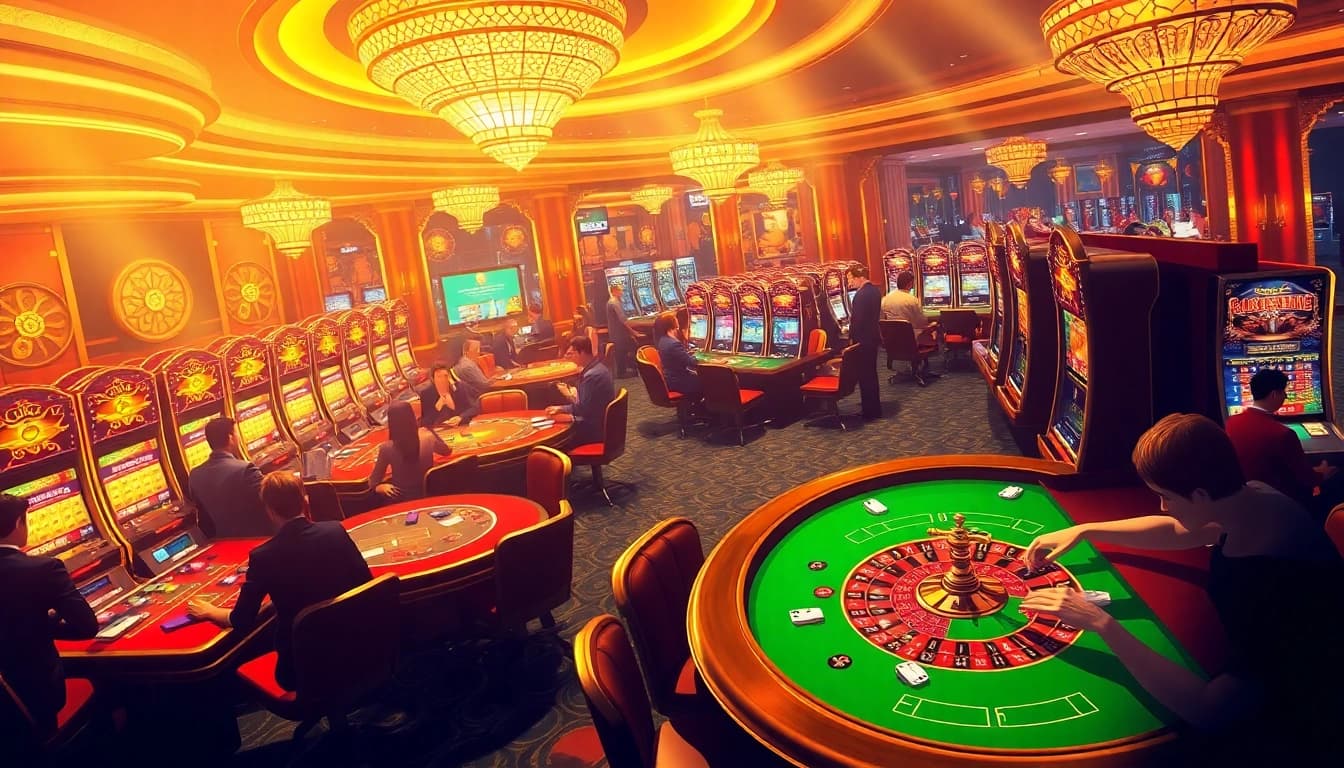 Betting at Casino rikbet with players enjoying poker tables and vibrant slot machines.
