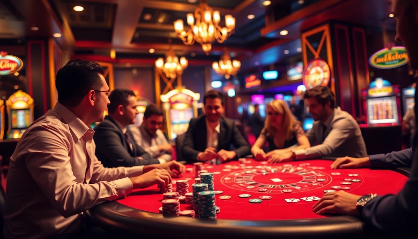 Players enjoy an exhilarating game of Rik vip at a glamorous casino table surrounded by vibrant atmosphere.
