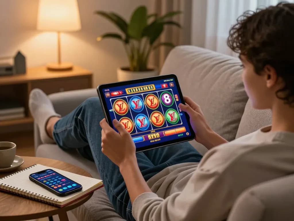 Engaging with LV88 online slots at home, showcasing vibrant gameplay and strategic planning.