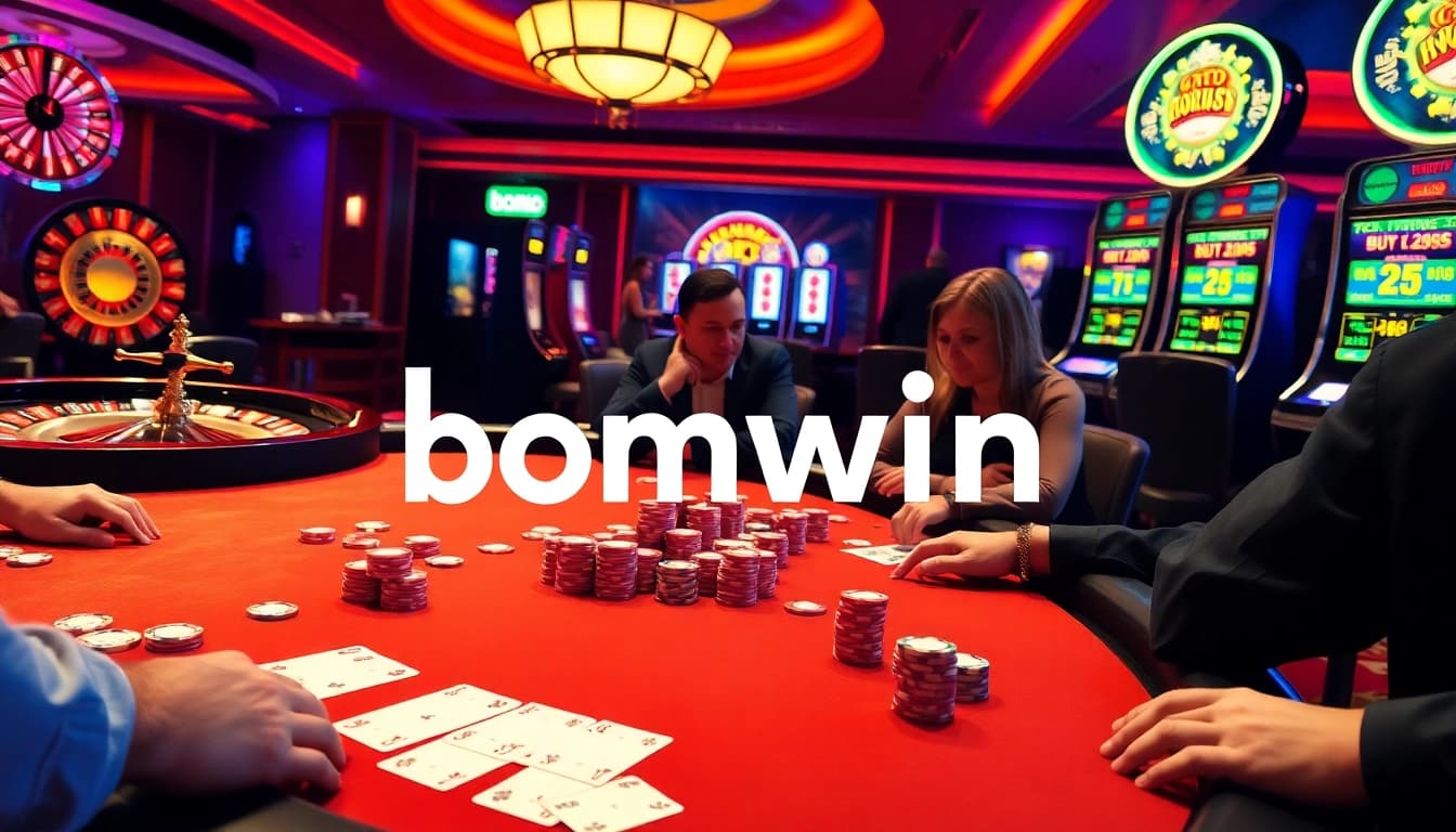 Experience the thrill of bomwin gambling at a luxurious poker table with colorful chips and vibrant lights.