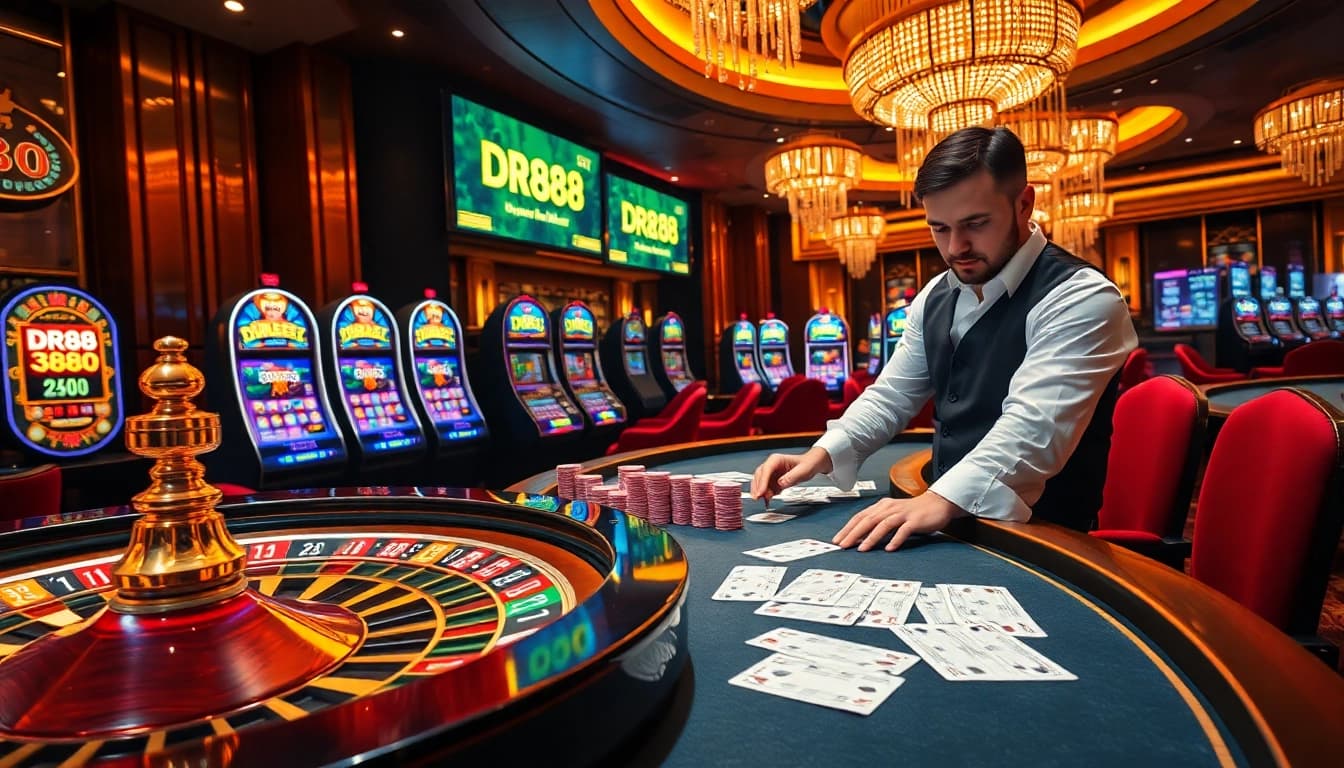 Professional dealer managing DR88 Bet roulette and poker chips with dynamic betting slip action