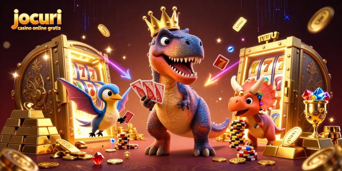 Joacă jocuri casino online gratis cu personaje amuzante în mijlocul unei atmosfere pline de aur și recompense.