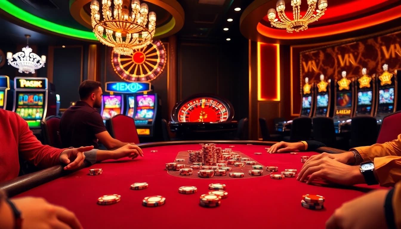 Players engage at a poker table in the S8 casino, with colorful chips and a roulette wheel enhancing the excitement.