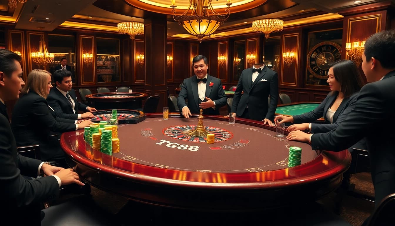 Experience excitement at TG88 casino with players engaged in high-stakes poker.