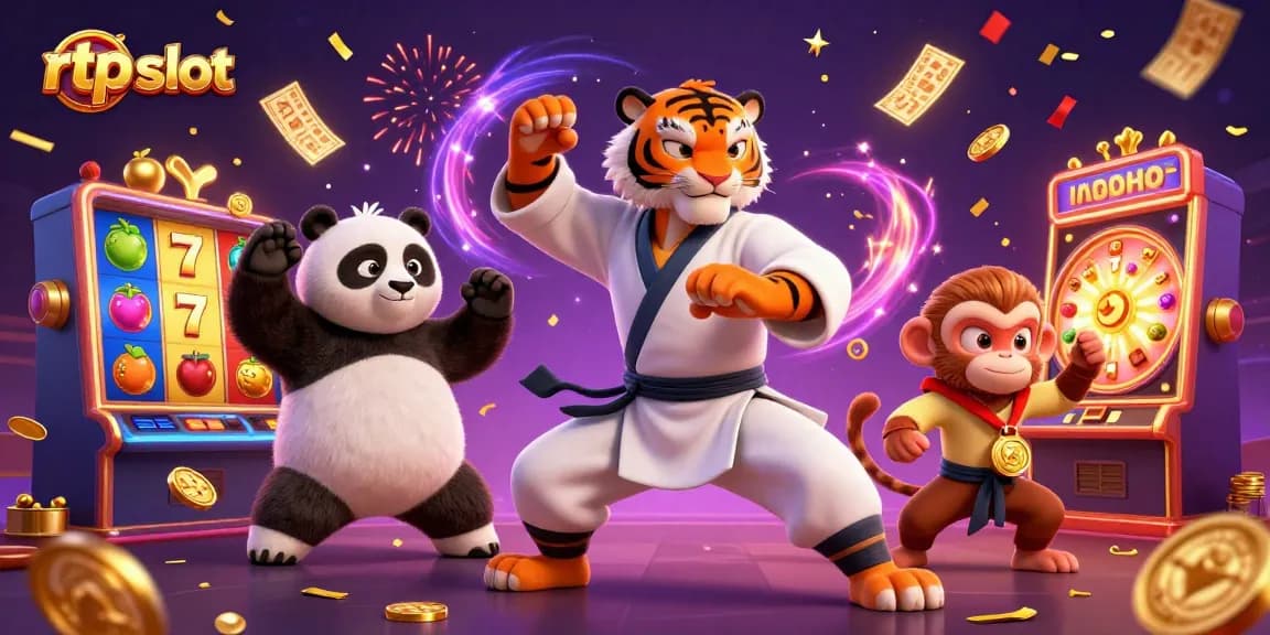 Experience rtp slot excitement with a kung fu tiger and friends amidst vibrant casino elements.