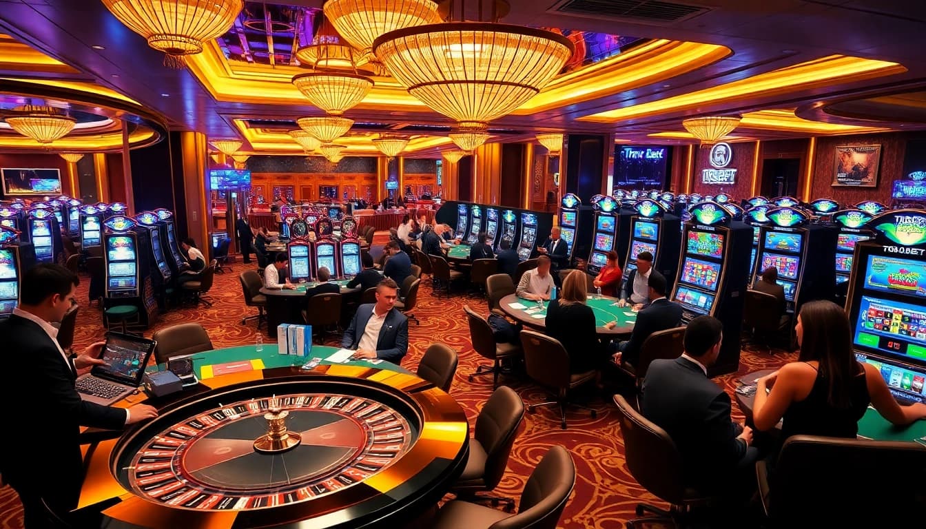 Excited players engaging in various games at the luxury TR88 bet casino, showcasing vibrant tables and slot machines.