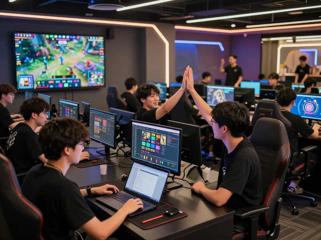 Engaged esports players placing bets on TR88's interactive platform within a lively betting hub
