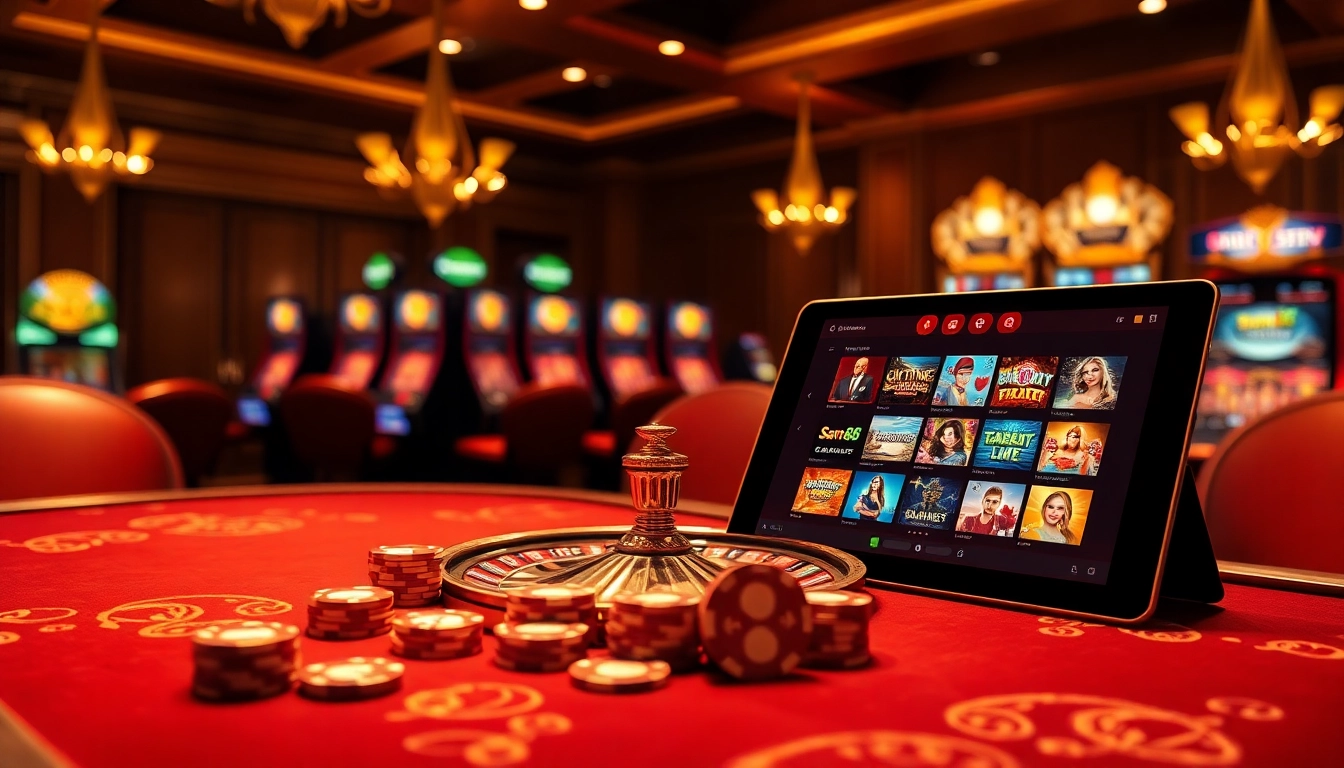 Experience the excitement of Sam86's online casino with poker chips and elegant gaming tables.
