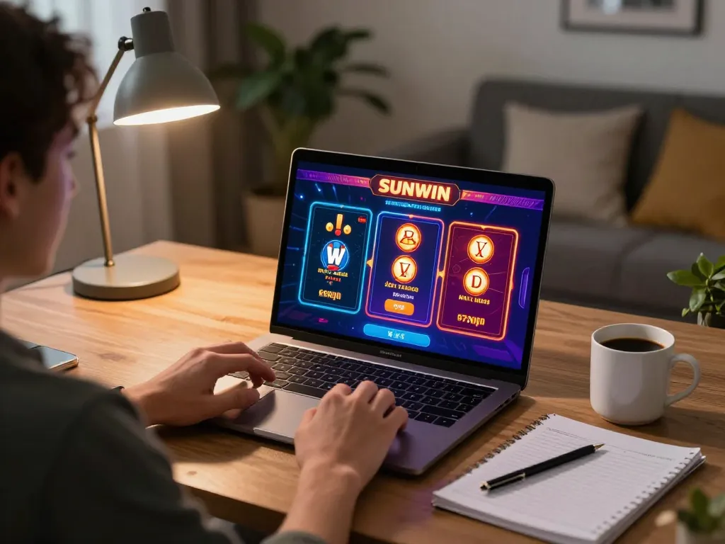 Engaging in SUNWIN online casino gaming with strategic notes and cozy home atmosphere
