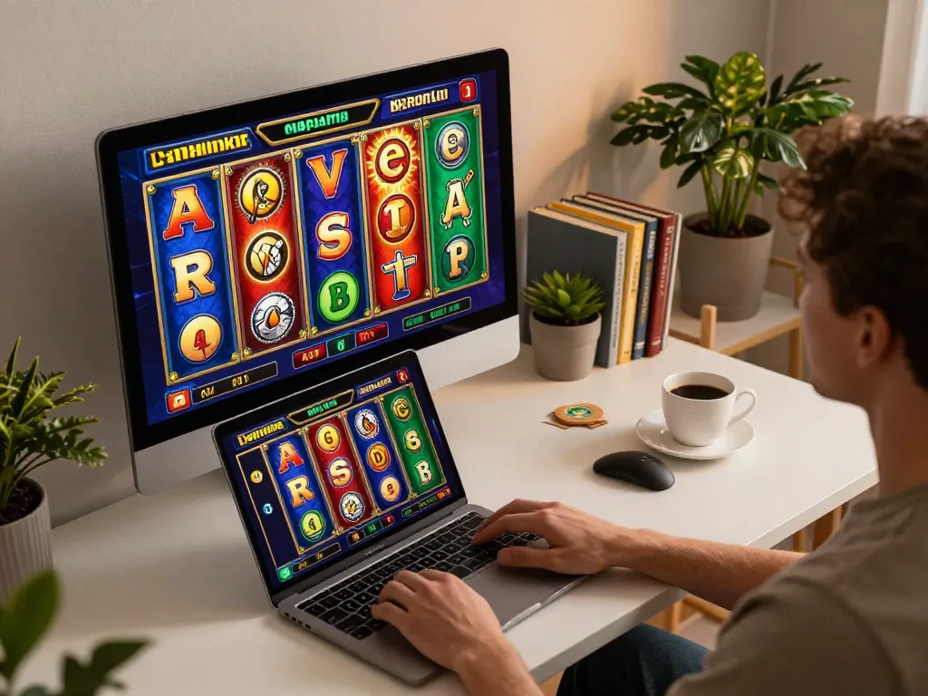 Engaging online slot gaming experience on a laptop showcasing gtatoto with colorful machines and cozy setting.