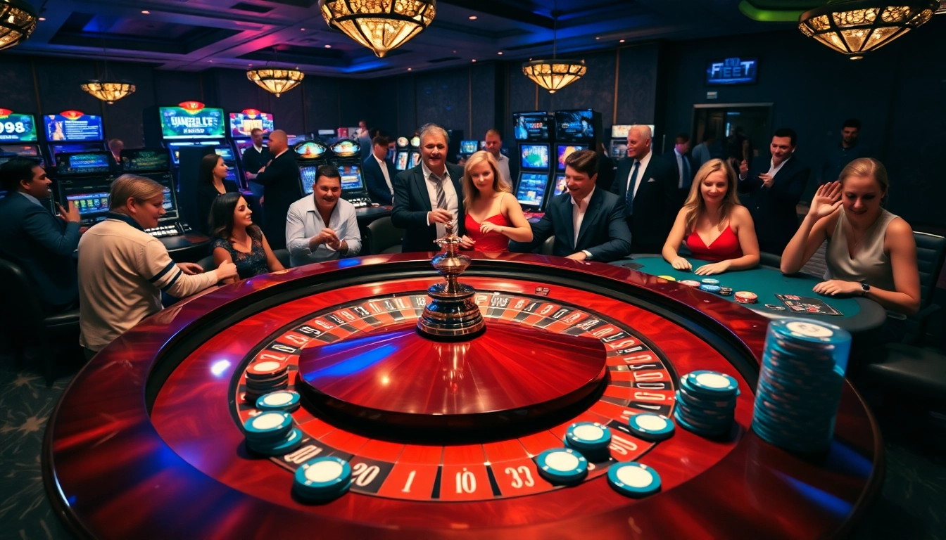F8bet players enjoying a lively casino scene with roulette, cards, and slot machines.