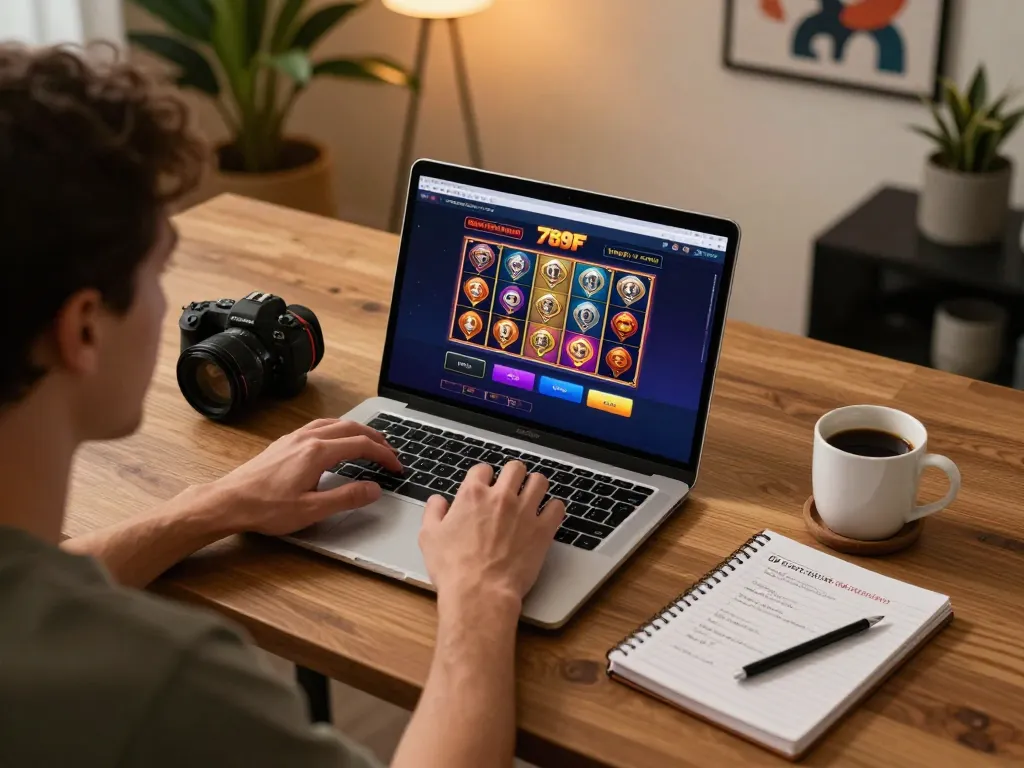 Player engaging in 789f đăng nhập on laptop for online casino gaming, demonstrating an organized and strategic approach.
