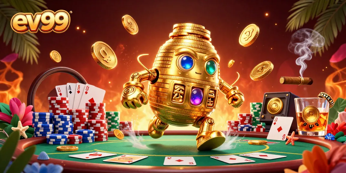 ev99 engages with vibrant casino elements, featuring a dynamic golden golem surrounded by poker chips and cards