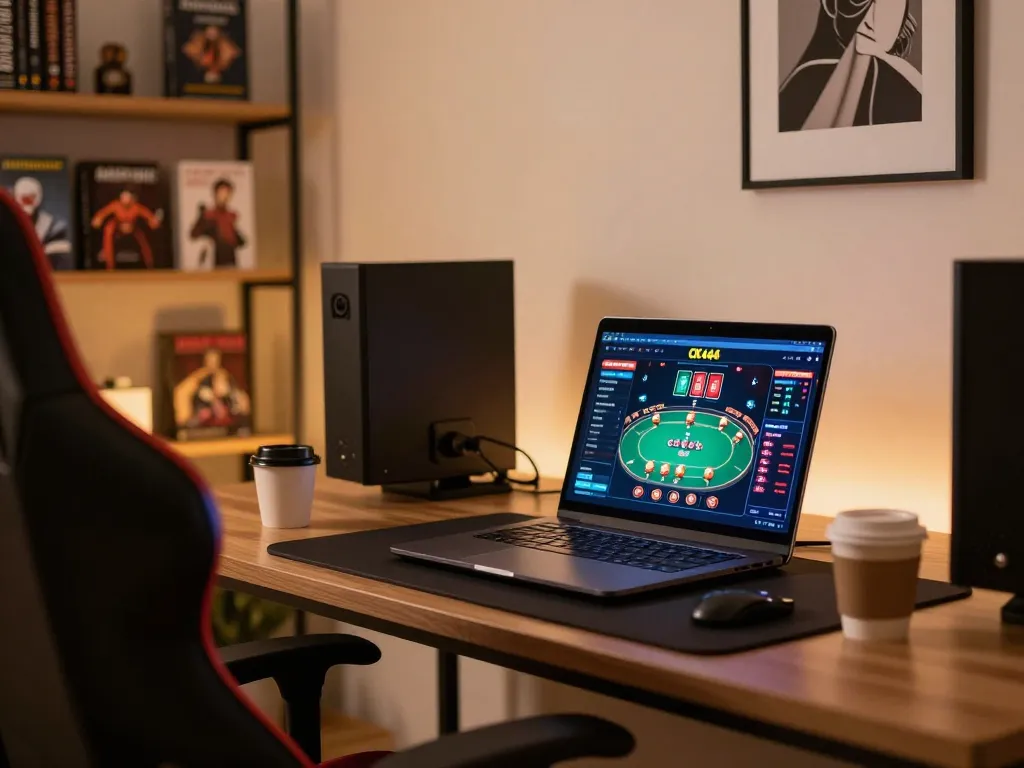CK444 online gaming setup showcasing an active poker game on a stylish laptop, creating a welcoming and strategic atmosphere