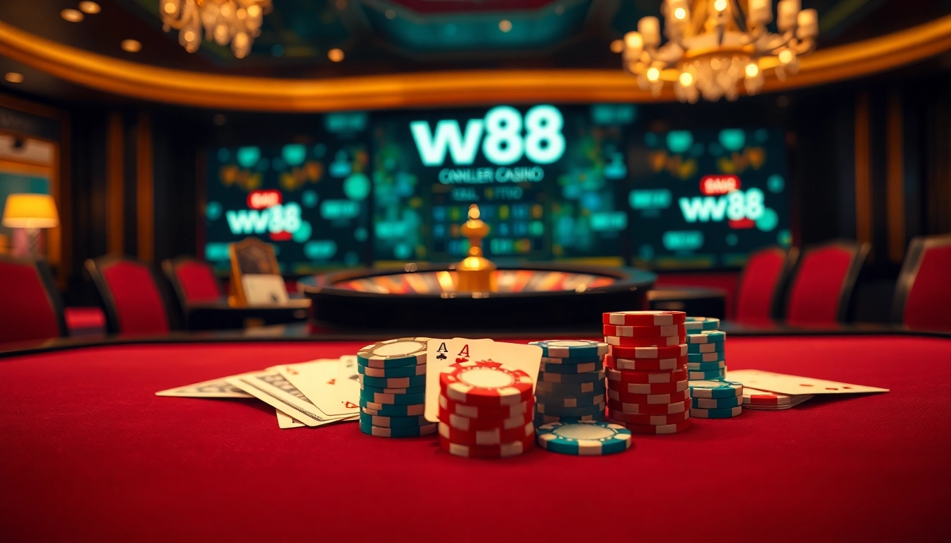 Exciting casino scene with poker chips and cards emphasizing ww88 gambling experience.