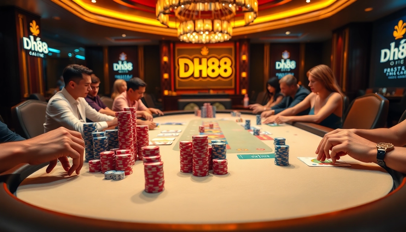 Players strategizing at a vibrant DH88 poker table in a luxurious casino setting.