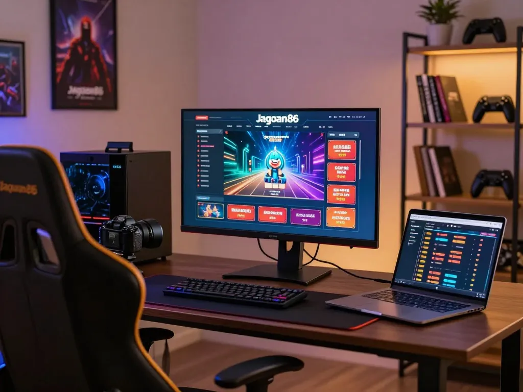 Engaged player strategizing on jagoan86 casino platform at a stylish gaming desk.