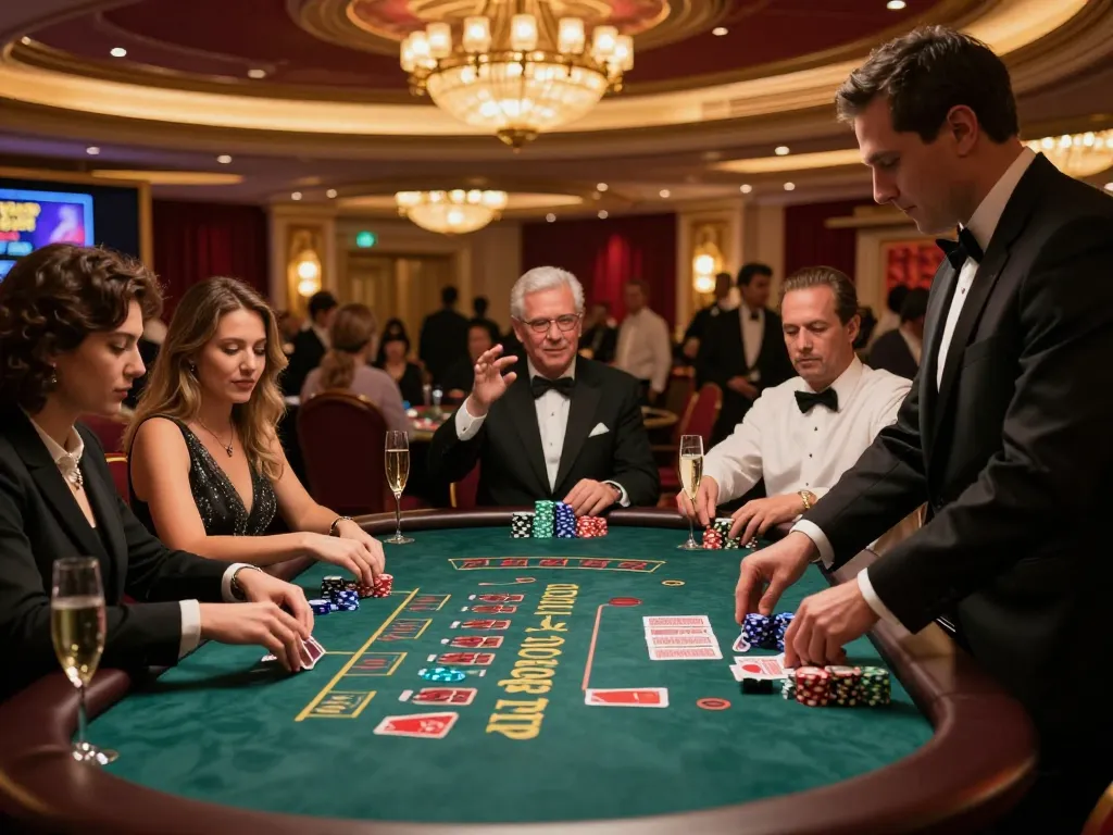 Pemain menikmati permainan blackjack yang mendebarkan di kasino mewah, menyoroti kegembiraan dari suasana permainan weliveincanada